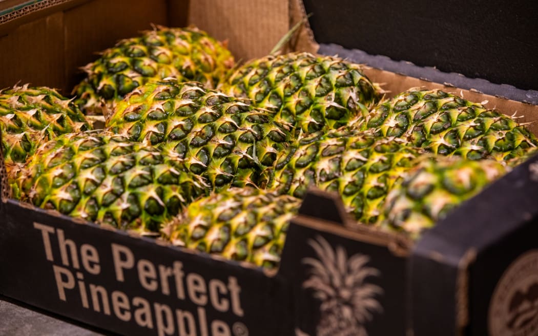 Imported pineapples in a box being sold in Auckland.