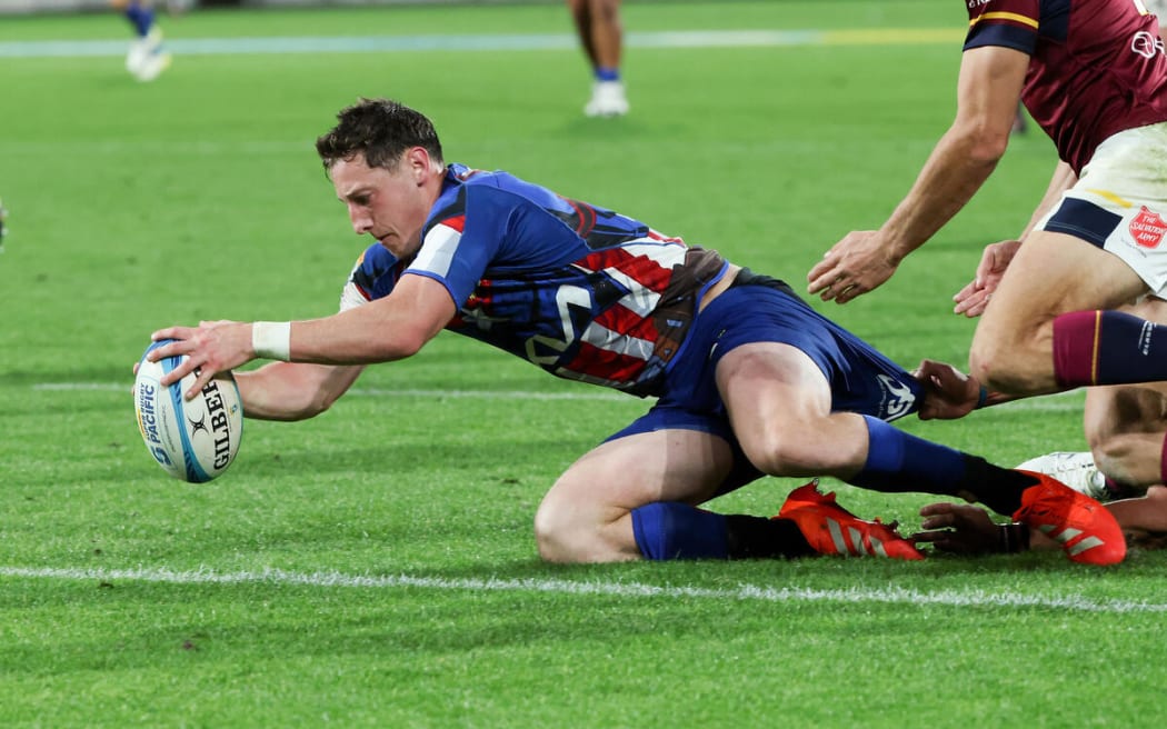 Cam Roigard scores a try during the Hurricanes v Highlanders, Super Rugby Pacific match, Sky Stadium, Wellington.