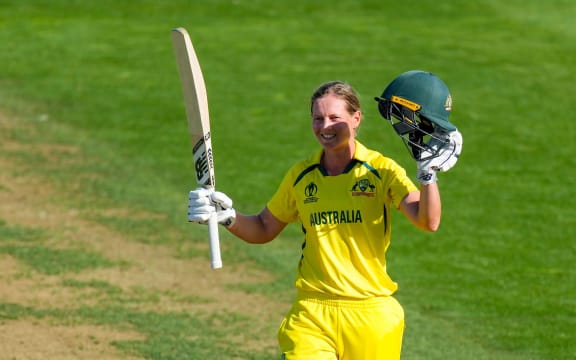 Australias Meg Lanning celebrates her century.