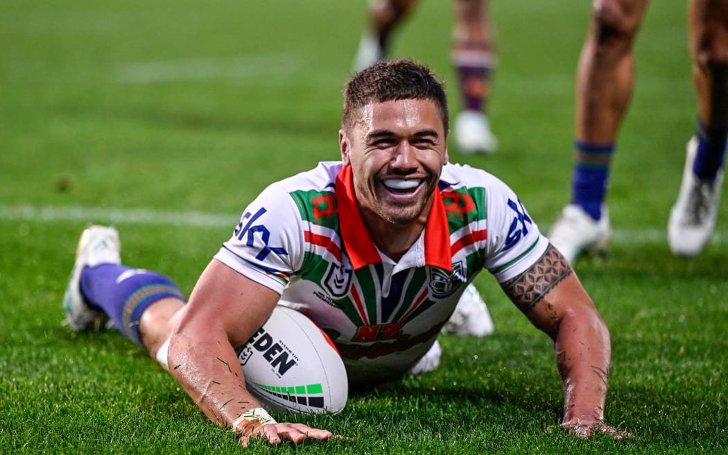 Chanel Harris-Tavita of the Warriors scores a try.
One NZ Warriors v Brisbane Broncos Heritage Round 17 of the Telstra NRL Premiership at Go Media Stadium, Mt Smart, Auckland, New Zealand on Saturday 29 June 2024. © Photo: Andrew Cornaga / Photosport