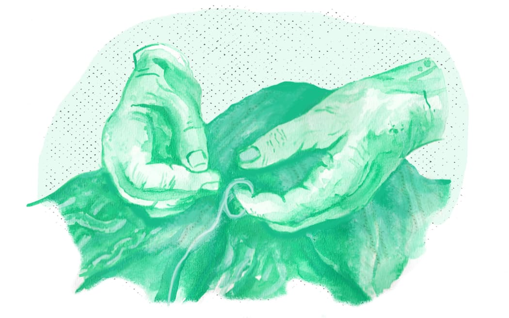 Watercolour picture of hands knitting.