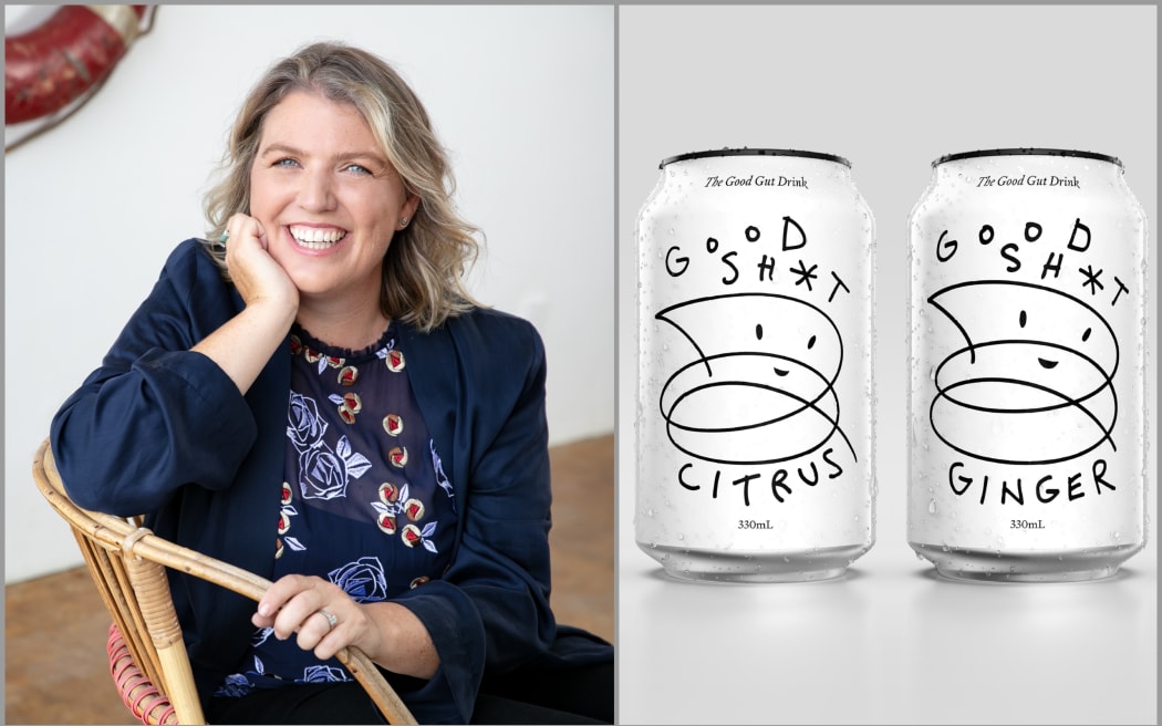 Photo of Becs Caughey and cans of Good Sh*t