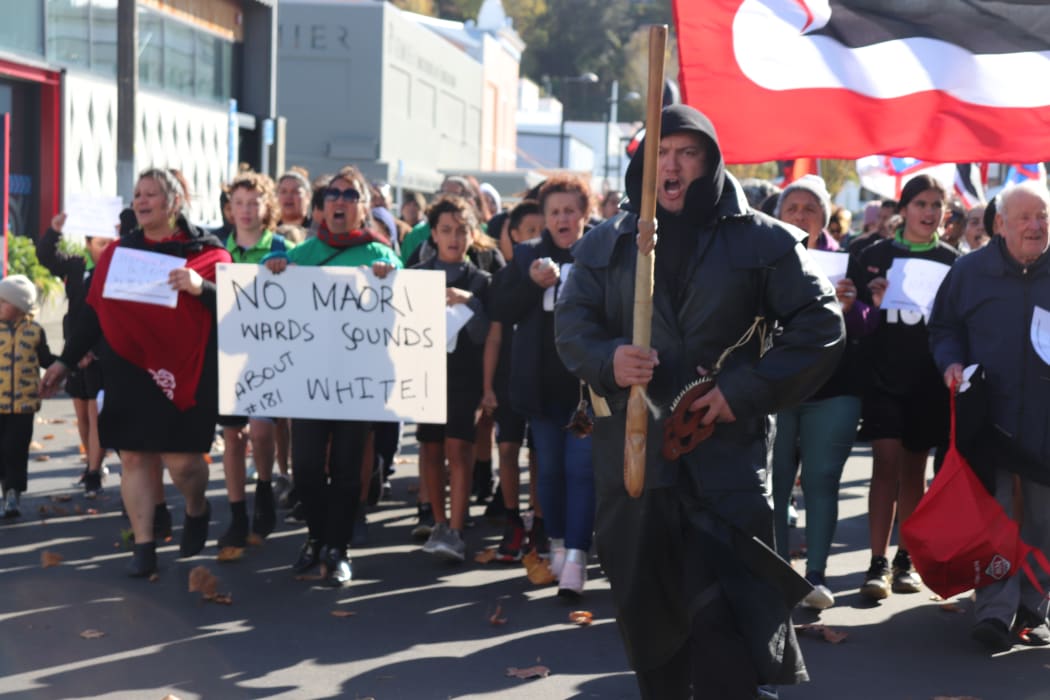 Protestors march in the streets of Napier this morning