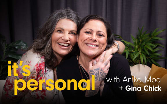 Gina Chick joins Anika Moa in studio for season two of It's Personal. The words "It's Personal" appear in yellow and bold, with the words "with Anika Moa + Gina Chick" in white.