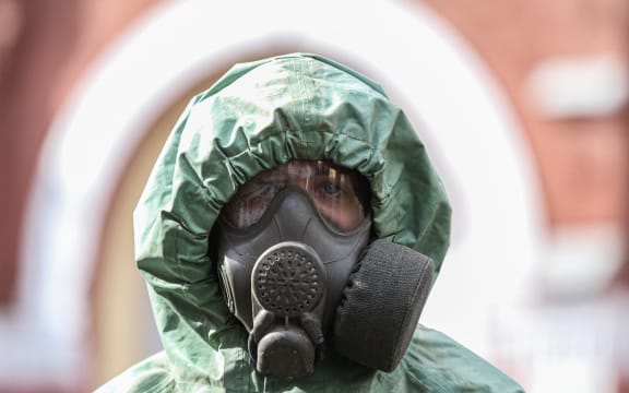 Military personnel of the radiation, chemical and biological protection division carry out sanitary treatment of the territory of the Metrovagonmash plant on April 15, 2020 in Saint Petersburg, Russia.