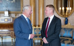 King Charles III receives Prime Minister Chris Hipkins during an audience at Buckingham Palace, London, 3 May 2023.