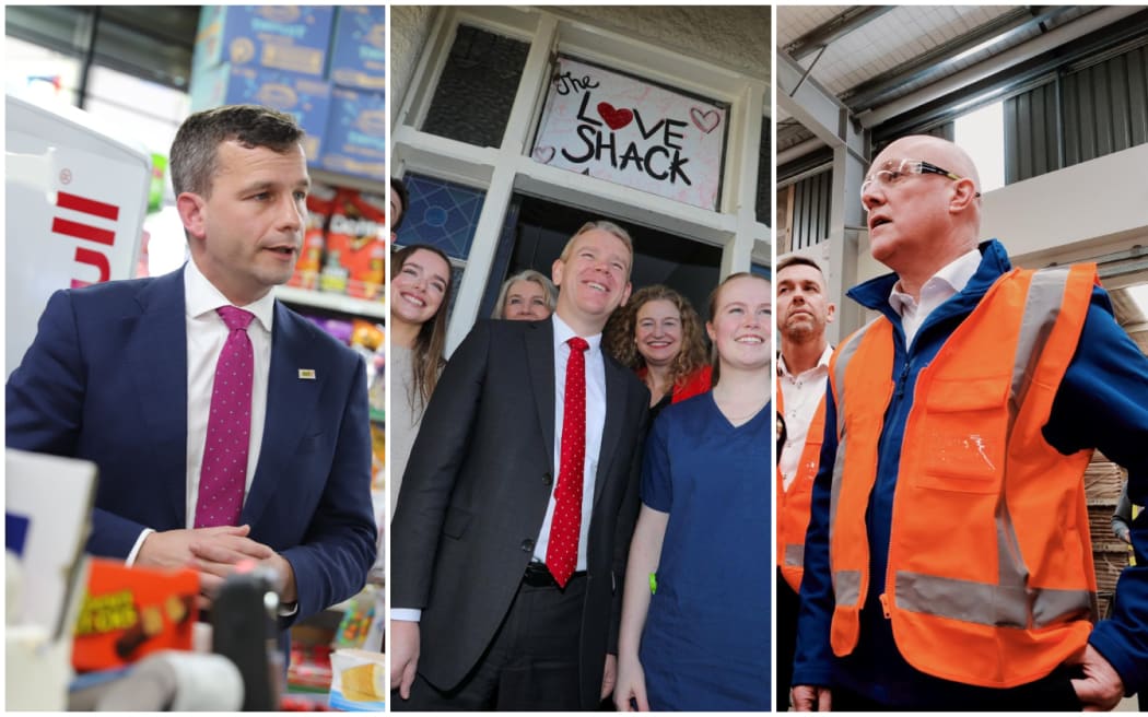 A montage of ACT Party leader David Seymour, Labour Party leader Chris Hipkins and National Party leader Christopher Luxon out on the campaign trail on 13 September 2023.