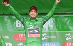 Patrick Bevin in the leader's green jersey at the Tour of Britain.
