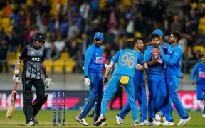 India celebrate a wicket. Twenty20 cricket international between India and New Zealand, Sky Stadium, Wellington, New Zealand, Friday, January 31, 2020. Copyright photo: John Cowpland / www.photosport.nz