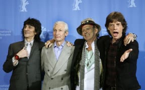 FILED - 07 February 2008, Berlin: The Rolling Stones - Ron Wood (l-r), Charlie Watts, Keith Richards and Mick Jagger - stand at the photo shoot for the Berlinale opening film "Shine a light".