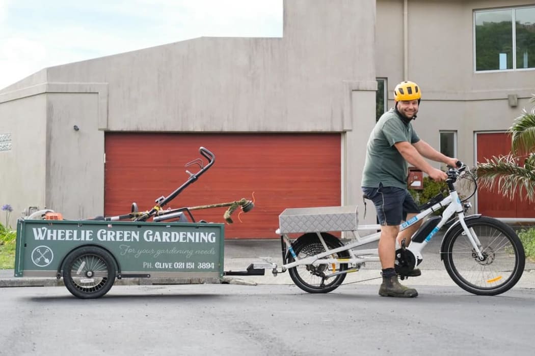 Clive Goodger and the cargo e-bike set-up he uses for his gardening business Wheelie Green Gardening