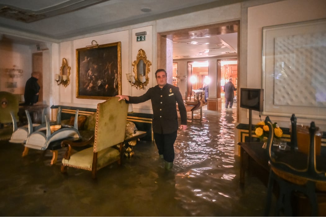 A room in the flooded Gritti Palace is pictured during an exceptional "Alta Acqua" high tide water level on November 12, 2019 in Venice.
