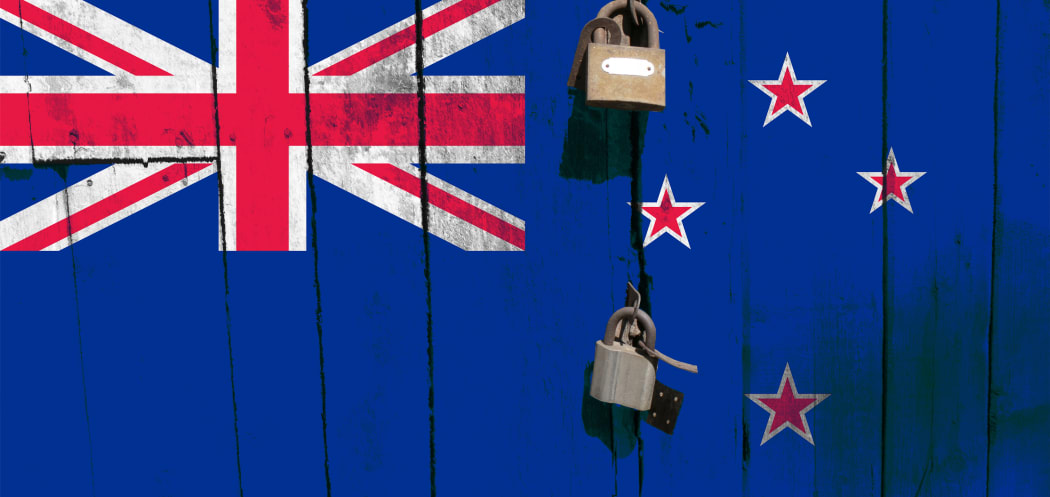 New zealand flag is on texture. Template. Coronavirus pandemic. Countries are closed. Locks.