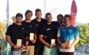 Peter Burling and Blair Tuke on top of the winner's podium in Rio