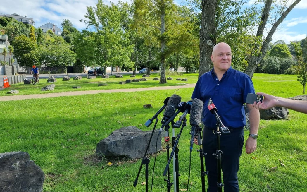 National leader Christopher Luxon talks to media at a Remuera reserve.