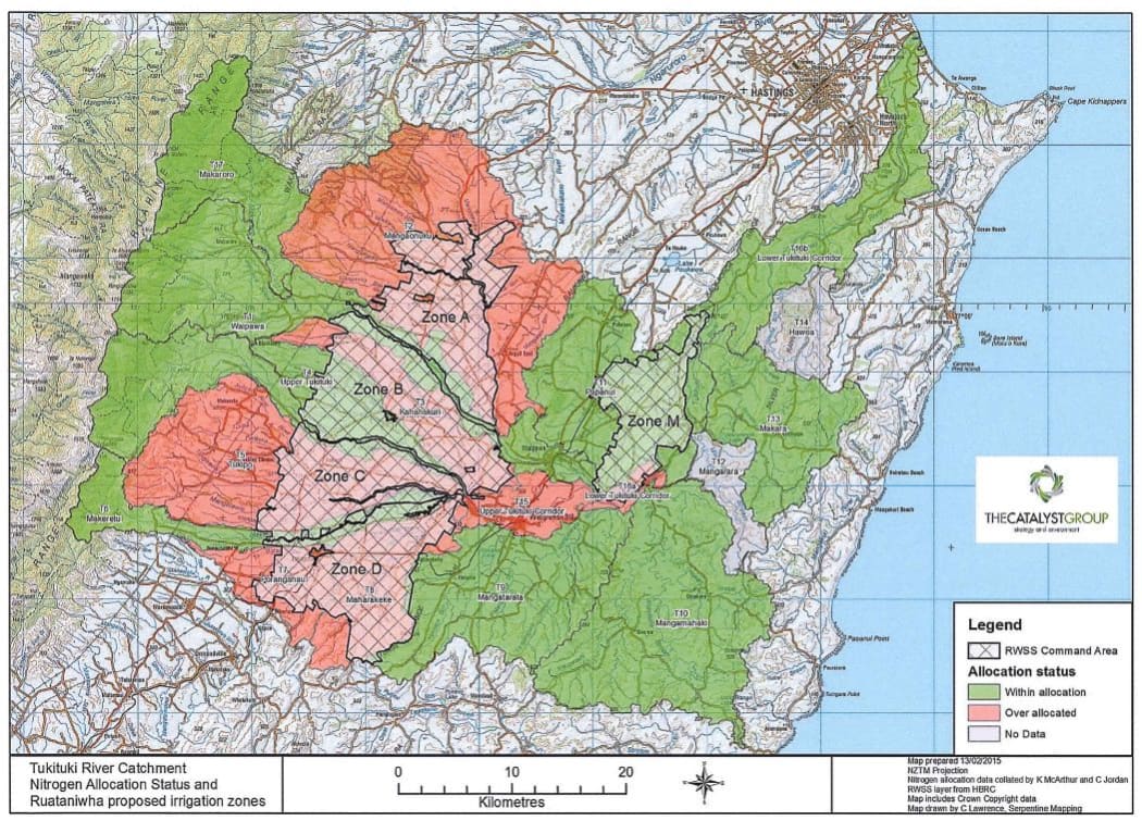 A map used as part of Board of Inquiry proceedings shows areas in red which currently exceed resource consent for nitrate leaching.