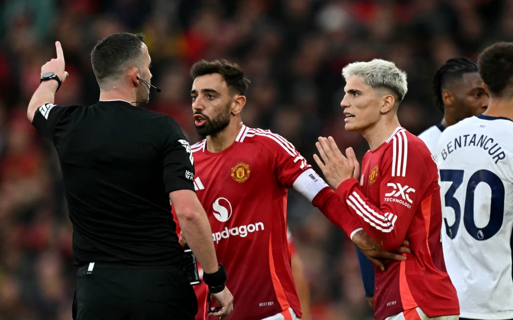 Manchester United's Portuguese midfielder Bruno Fernandes after being sent off, 2024.