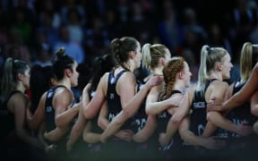 Silver Ferns lineup for the national anthem.