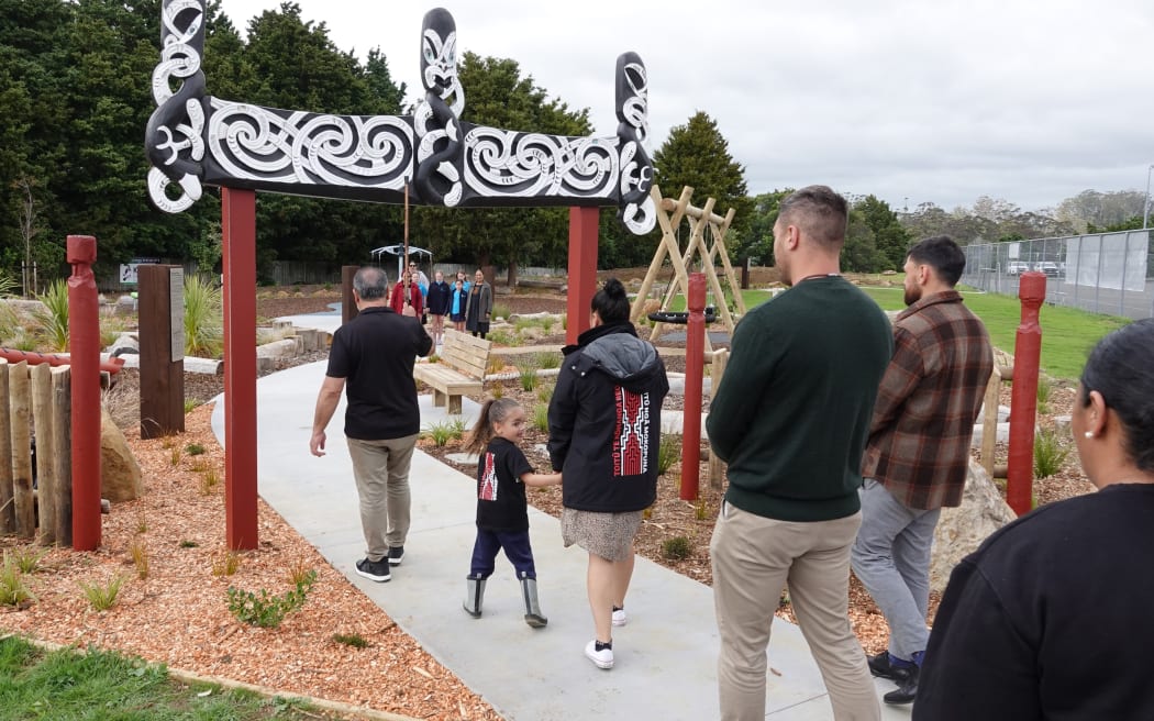 Te Rūnanga o Ngāti Rēhia chairman Kipa Munro leads the way during the opening of Te Amo Pūtoro, Kerikeri’s newest playground.