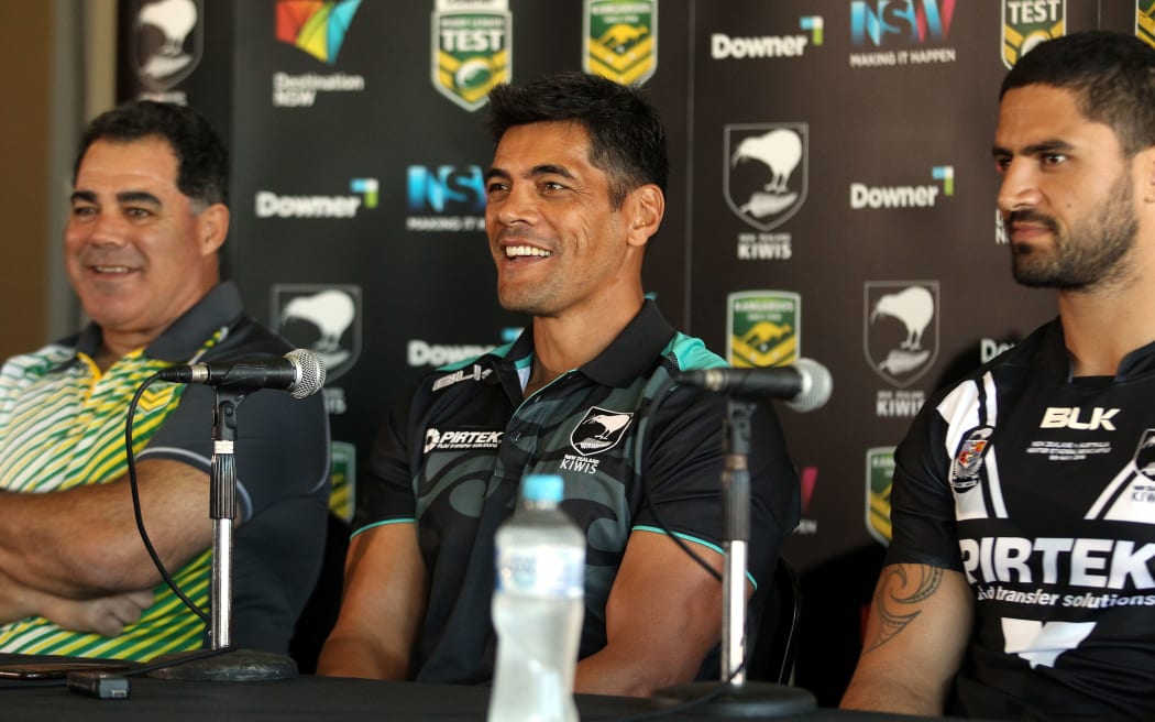 Kangaroos coach Mal Meninga, Kiwis coach Stephen Kearney and Kiwis captain Jesse Bromwich at the captain's run press conference ahead of the 2016 ANZAC Test.