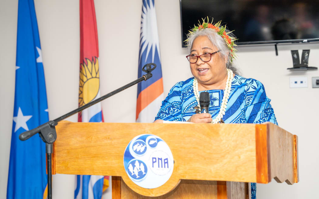 Dr Sangaa Clark, CEO of the Parties to the Nauru Agreement Office, speaking in Majuro in late 2021.