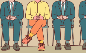 An illustration of several people sitting down in suits with one in the middle wearing bright-coloured clothing.