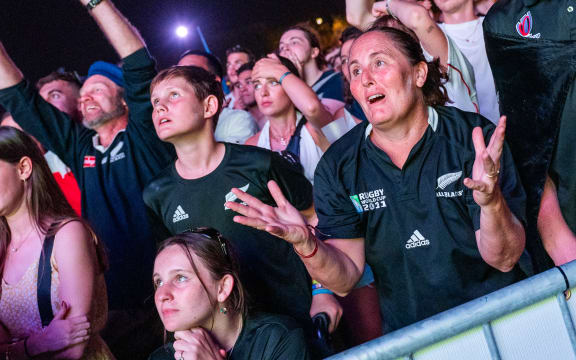 New-Zealand fans at Concorde Rugby Village during the broadcast of the opening match of the France-New Zealand Rugby World Cup on 8 September, 2023.
