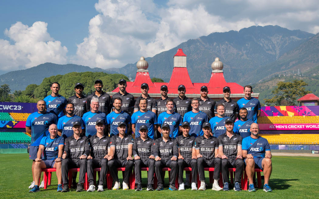 New Zealand team with support staff during the team photo session before the ICC Cricket World Cup 2023 game between New Zealand and Australia at the Himachal Pradesh Cricket Association (HPCA) Stadium in Dharamsala, Kangra, Himachal Pradesh, India. Thursday, 26 October 2023. Copyright Photo: Raghavan Venugopal / www.photosport.nz