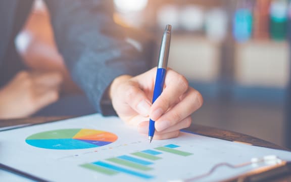 Business woman hand writing on charts and graphs that show results.