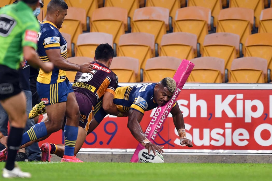 Maika Sivo scores another try for the Parramatta Eels.