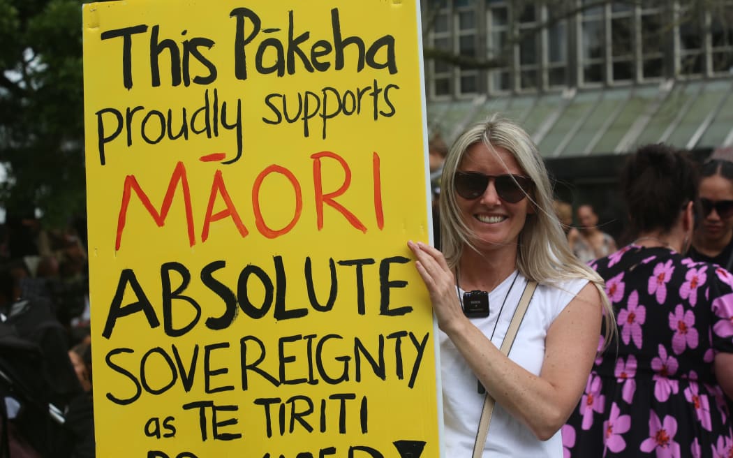 Michelle Hennessy at the hīkoi in Hamilton.