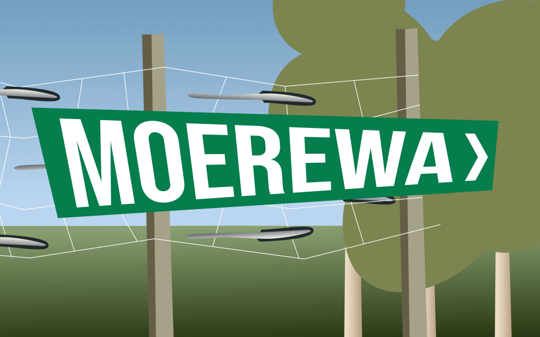 "Moerewa" in the style of iconic New Zealand road sign.