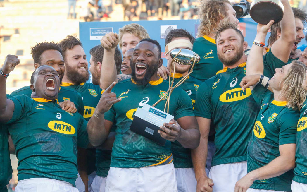 The Springboks celebrate their 2019 Rugby Championship win.