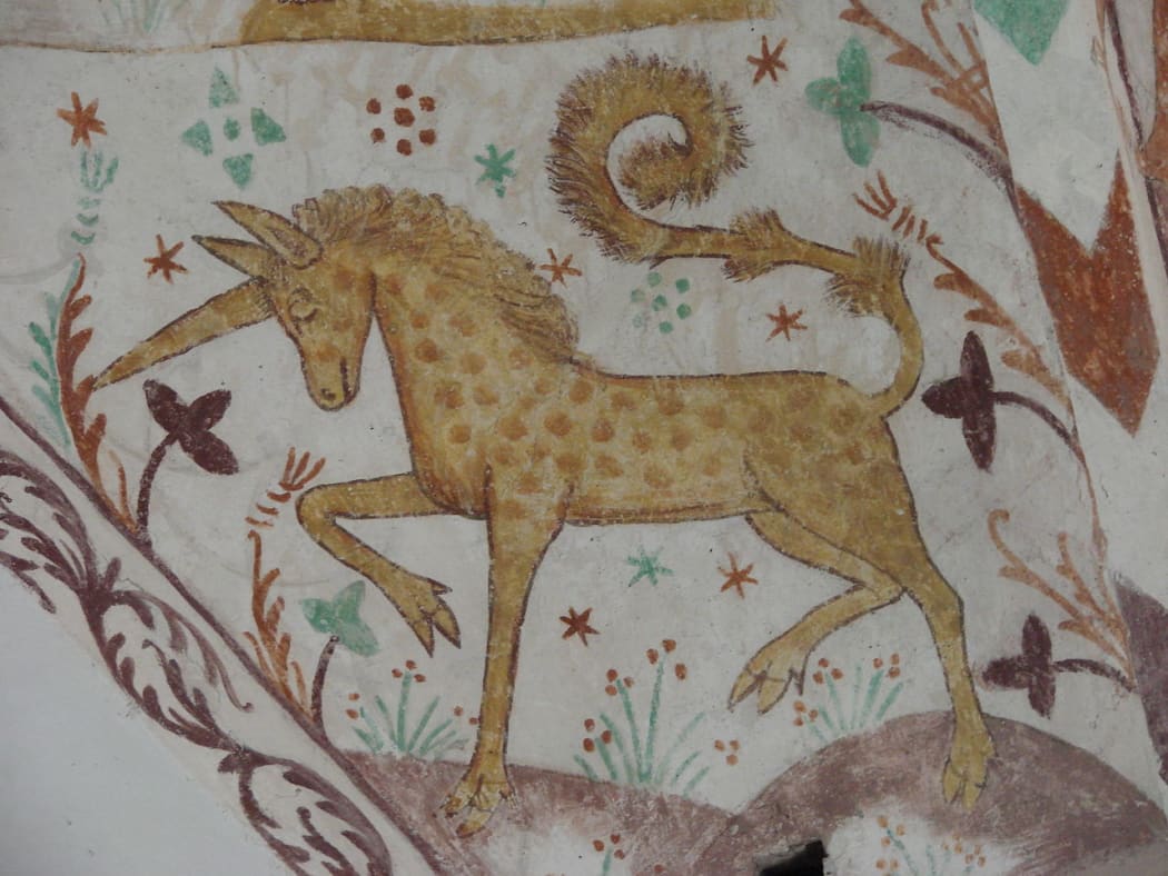 A church fresco depicting a unicorn in Elmelunde Church, Denmark