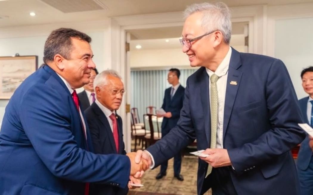Taiwan’s deputy Foreign Affairs minister François Wu (right) welcomes French Polynesia’s delegation in Taipei on 26 August 2025.