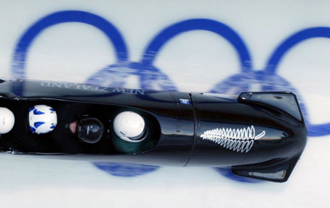 New Zealand men's 4 man bobsleigh in action during the 2002 Winter Olympics at Salt Lake City in Utah.
