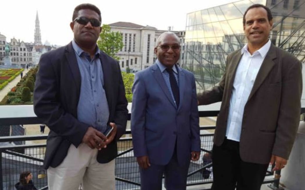 Vanuatu government representatives Johnny Koanapo (left) and Ralph Regenvanu (right) with Octo Mote, the secretary-general of the United Liberation Movement for West Papua, in the middle, in Brussels, May 2017.
