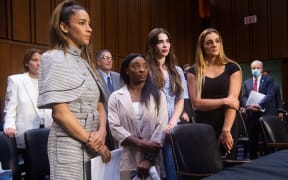 From left, US Olympic gymnasts Aly Raisman, Simone Biles, McKayla Maroney and NCAA and world champion gymnast Maggie Nichols after testifying to a Senate Judiciary Committee hearing.