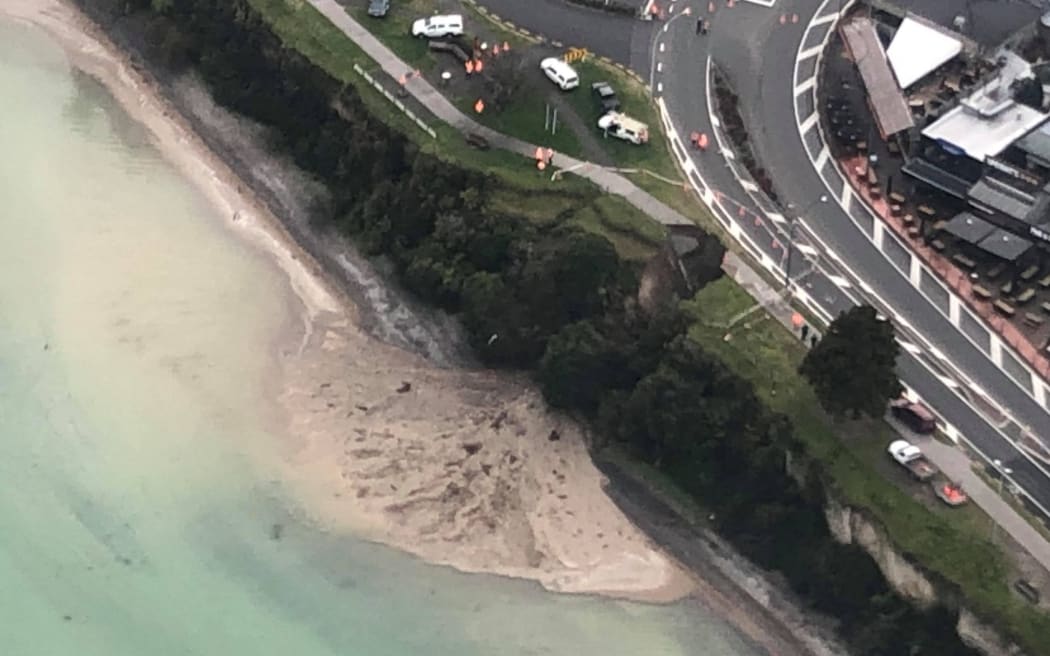 An aerial view of the washout into Lake Taupō.