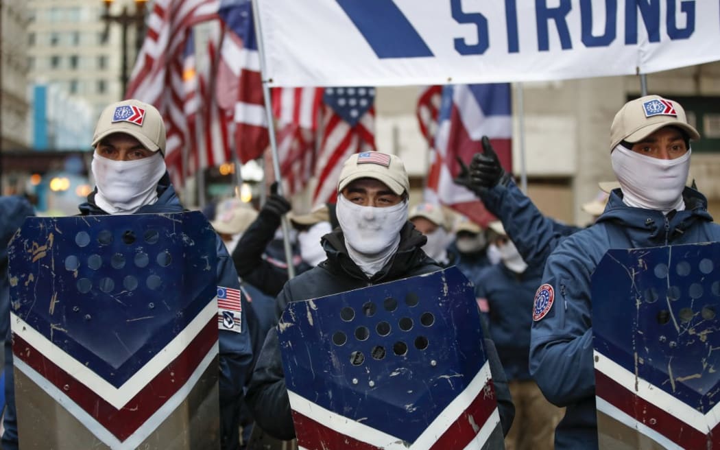 CHICAGO, IL - JANUARY 08: The white nationalist group Patriot Front attends the March For Life on January 8, 2022 in Chicago, Illinois. Rally and march were a part of three day annual public event.   Kamil Krzaczynski/Getty Images/AFP (Photo by Kamil Krzaczynski / GETTY IMAGES NORTH AMERICA / Getty Images via AFP)