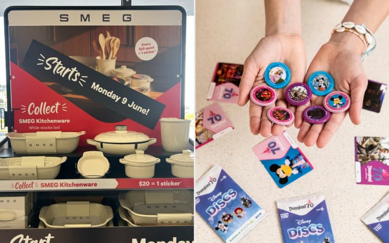A composite image of New World's Smeg product giveaway and Woolworth's Disney disc collectibles.
