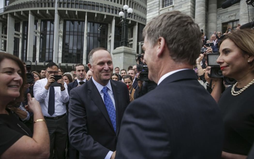 Bill English announced as the new Prime Minister of New Zealand, Paula Bennett as Deputy Prime Minister. Bronagh Key, former Prime Minister John Key, Prime Minister Bill English and Mary English as John Key leaves parliament.