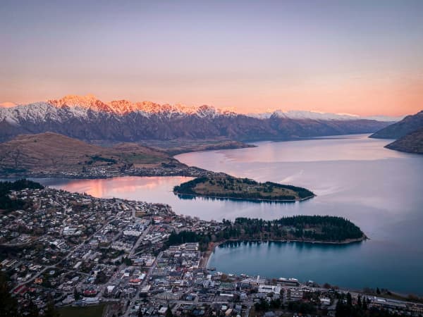 An aerial shot of Queenstown looking over Lake Wakatipu.