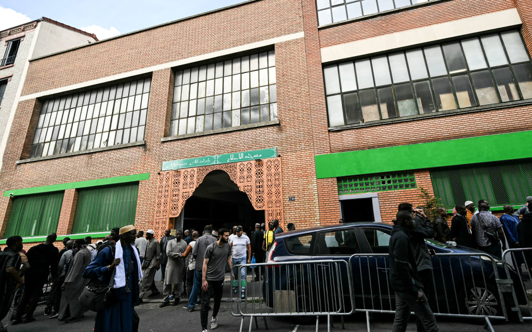 Faithfuls leave the Mosque Islah, in Montreuil, Seine-Saint-Denis, on the outskirts of Paris, on 9 September, 2025, as earlier in the morning pigs’ head, were discovered at the entrance of the building.