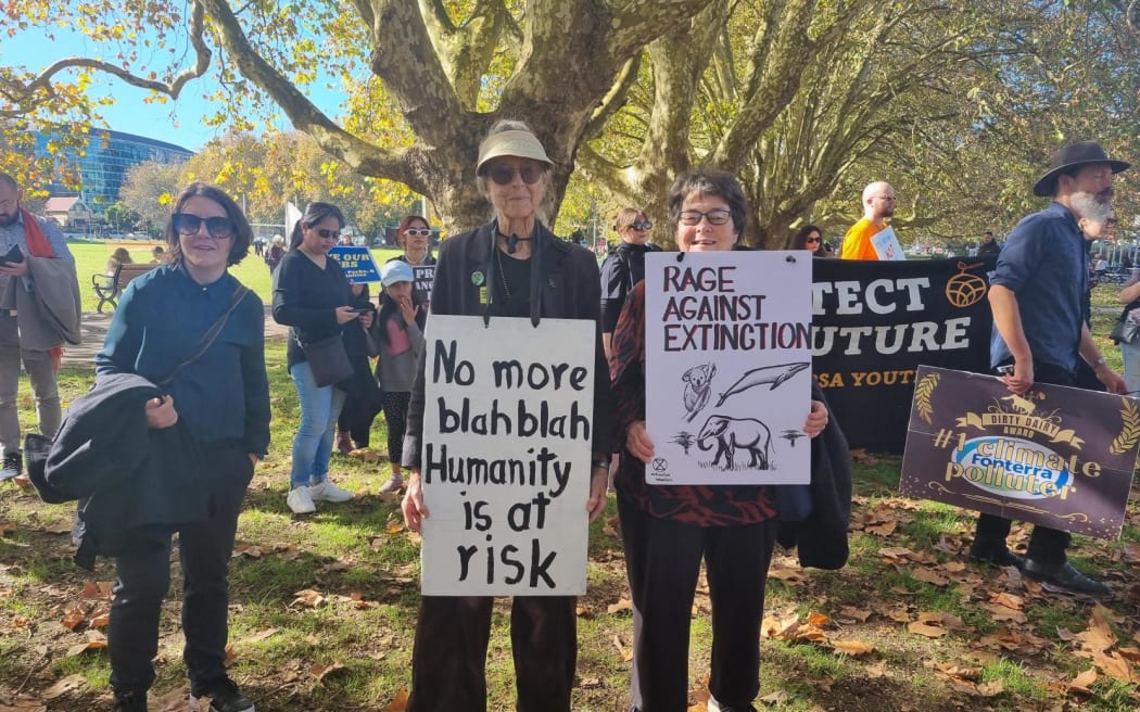 Protesters gather in Victoria Park, Auckland today.