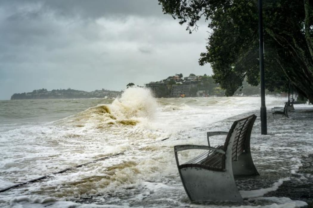 A king tide and storm surge causing flooding along Auckland's Tamaki Drive.