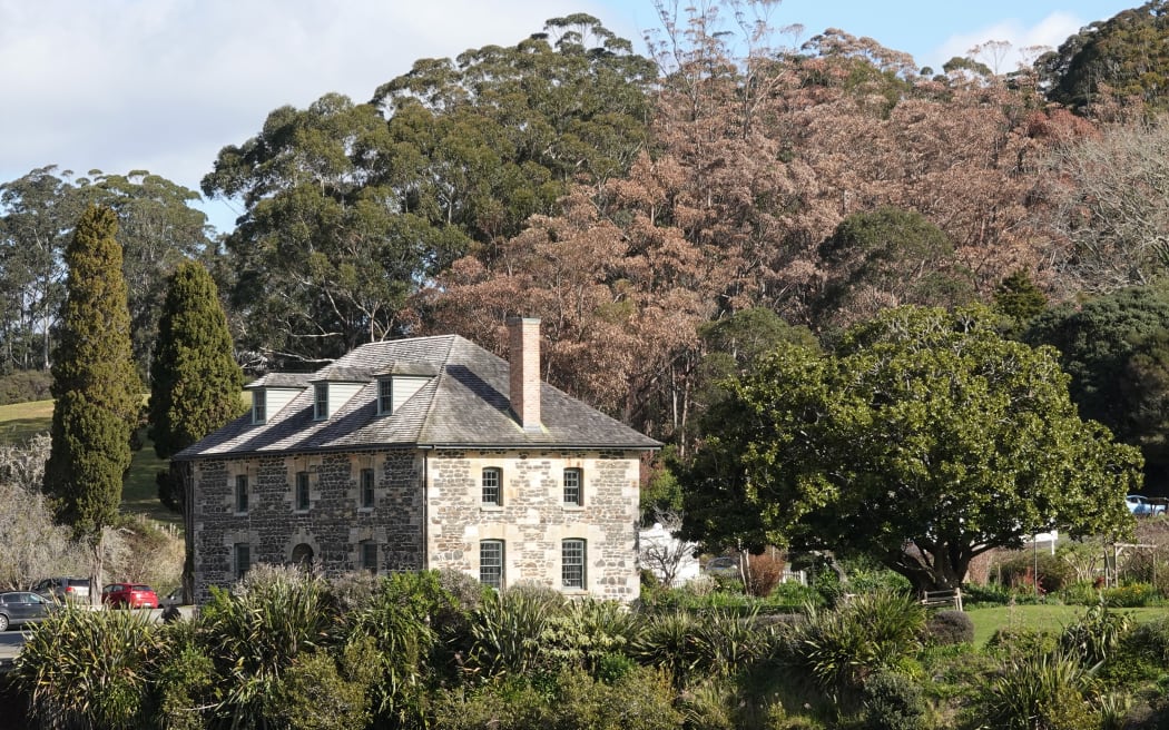 Dead eucalypts line the hillside behind Kerikeri's stone Store.