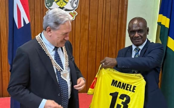 New Zealand Foreign Affairs Minister Winston Peters and Solomon Islands Prime Minister Jeremiah Manele meet in Honiara on 12 May 2024.