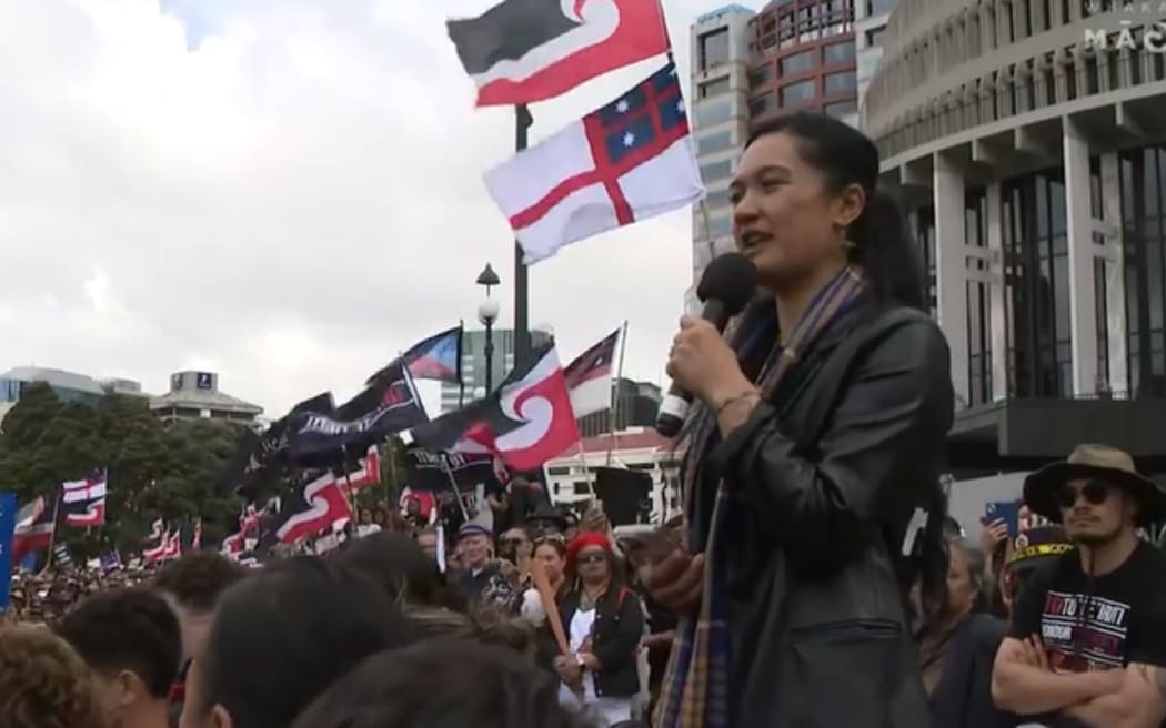 Te Pāti Māori's Hana-Rāwhiti Maipi-Clarke is the MP who performed a haka during voting for the Treaty Principles Bill, here she is speaking at the protest hīkoi.