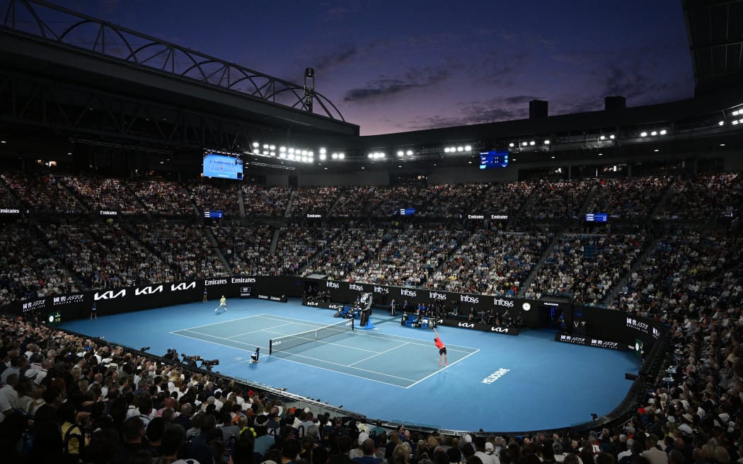 Alexander Zverev of Germany serves during his Men’s Singles final against Jannik Sinner of Italy during the 2025 Australian Open at Melbourne Park.